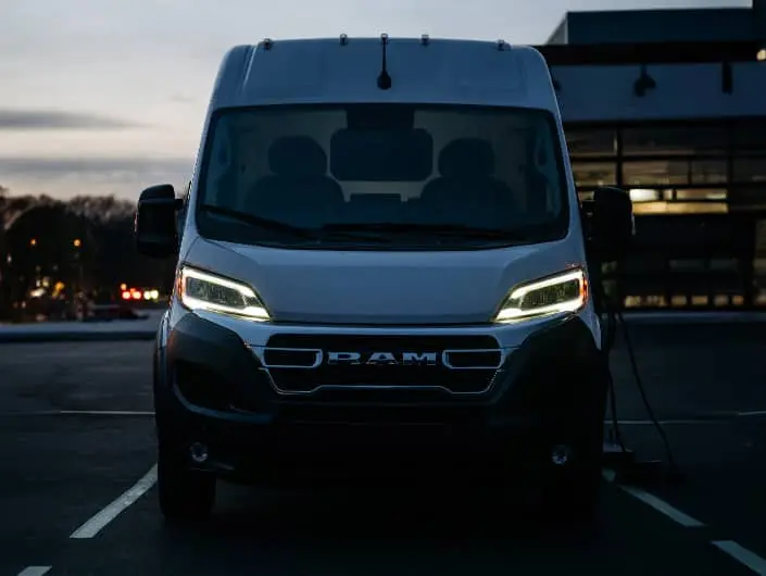 2024 RAM ProMaster EV front view - Commercial electric van front grille and design