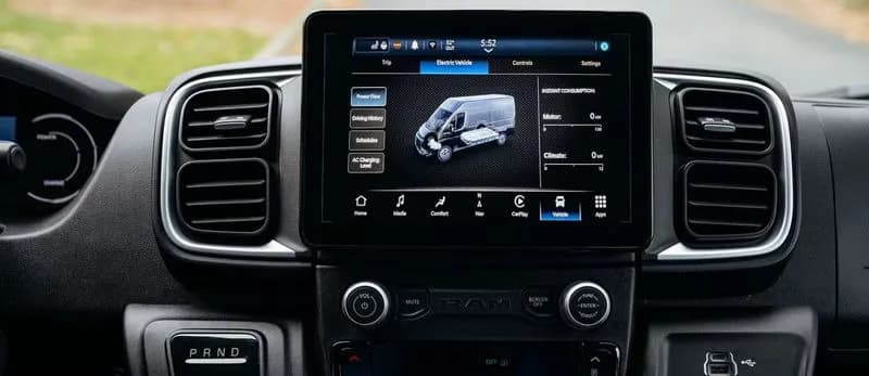 RAM ProMaster EV interior Uconnect 5 infotainment system with 10-inch touchscreen